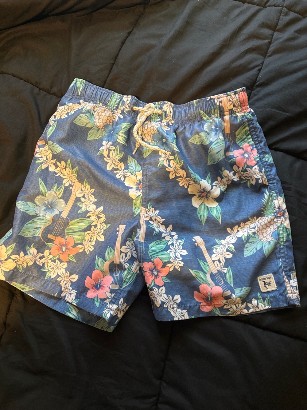Kids Blue Floral Hawaiian Swim Trunks with Drawstring